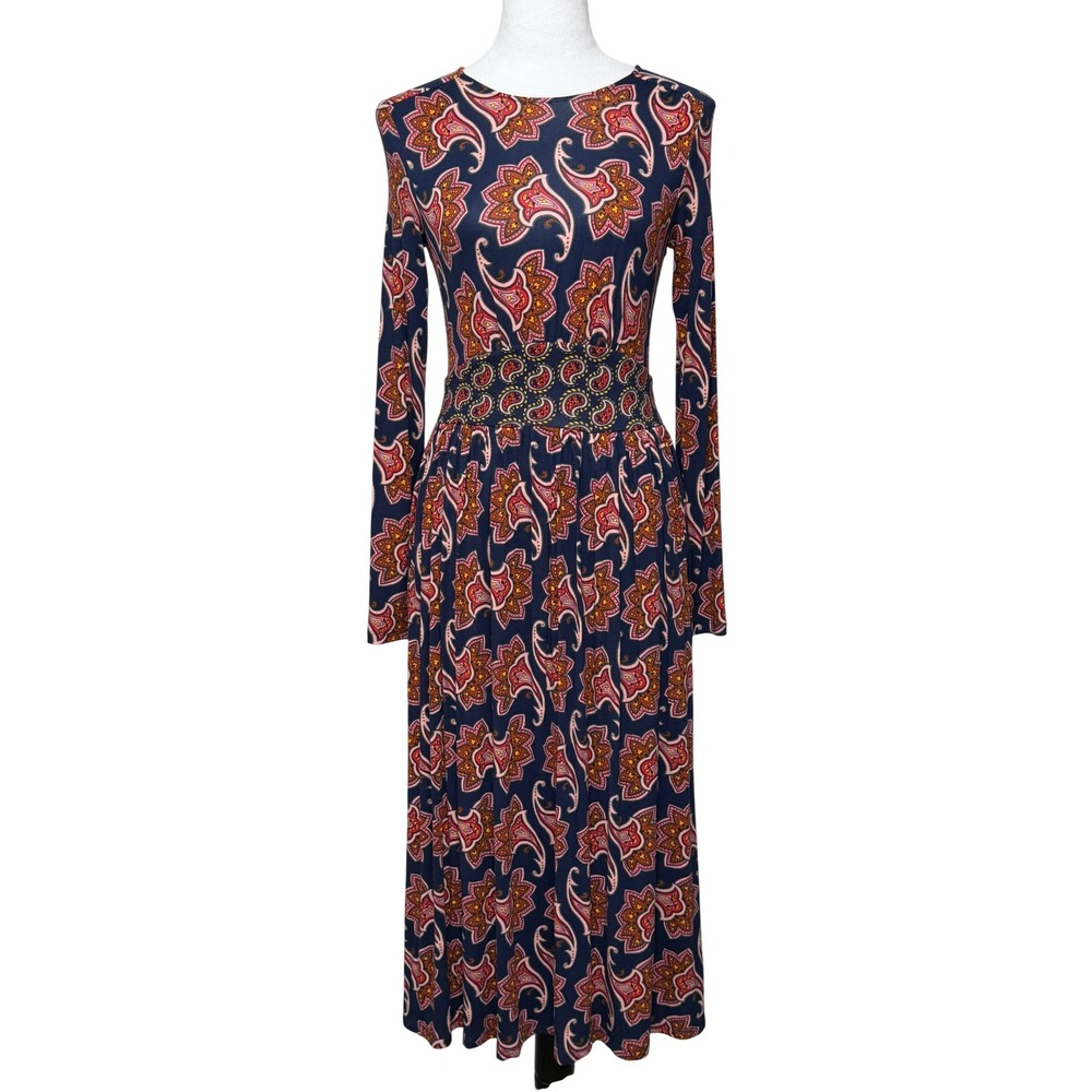 Boden Women's Thea Midi Dress Size 2R Navy Pink Paisley Long Sleeve Boho Retro